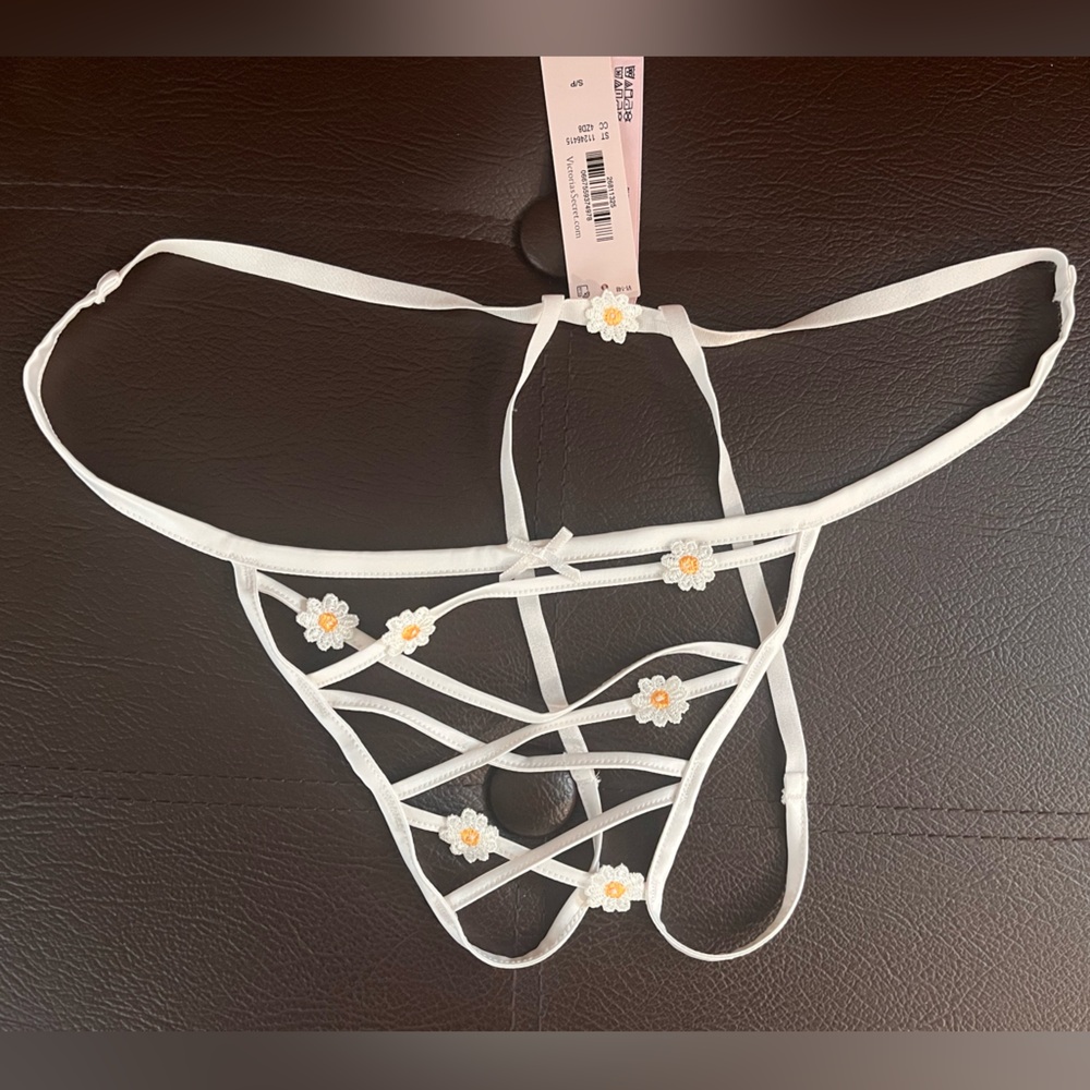 Victoria's Secret White Strappy Thong with Daisy Embellishments